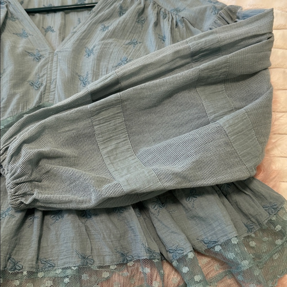 2/$75 Free People Dusty Blue Embroidered Peasant Blouse - Picture 3 of 10